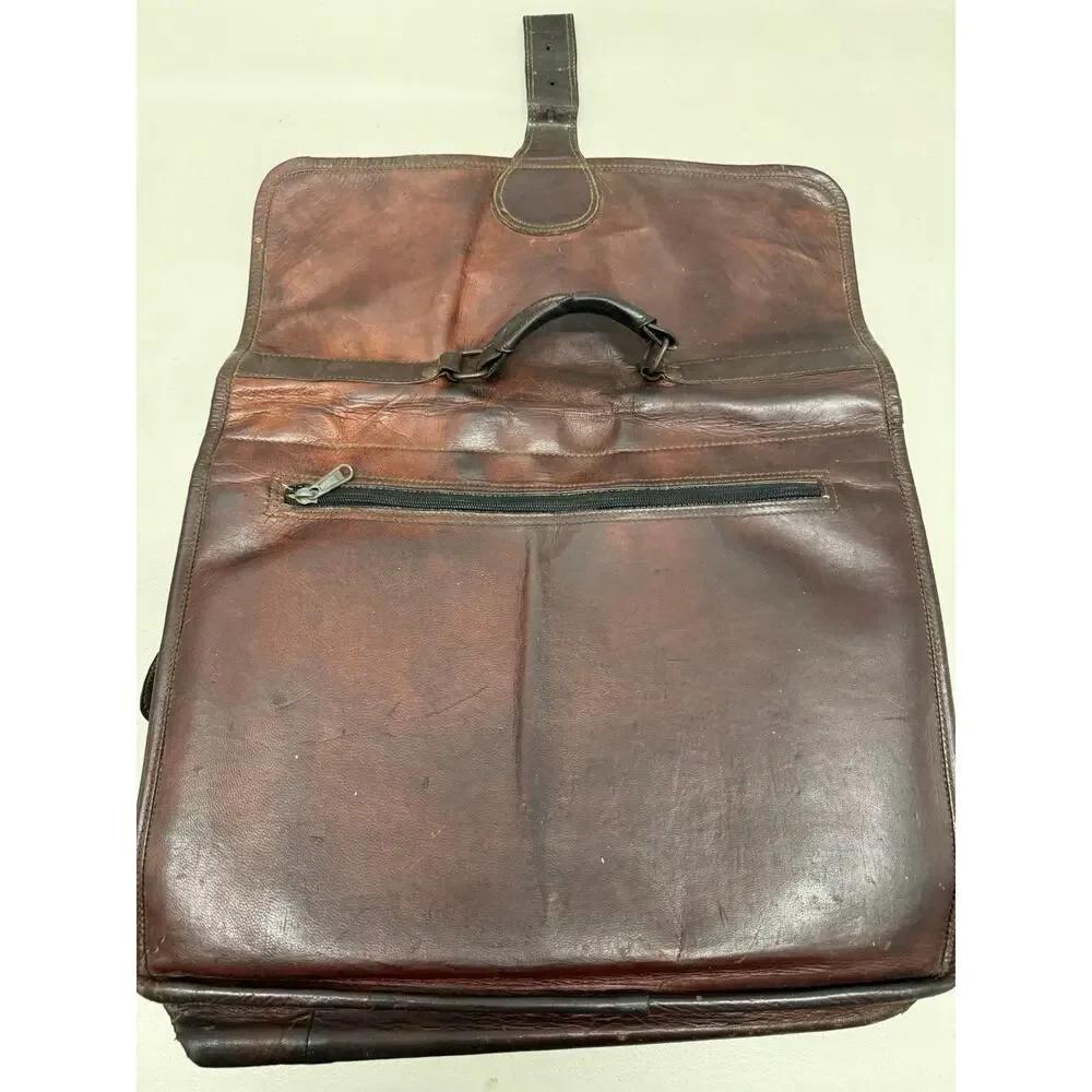 Vintage Brown Leather Messenger Bag-Distressed Patina, Brass Buckle, Green Liner